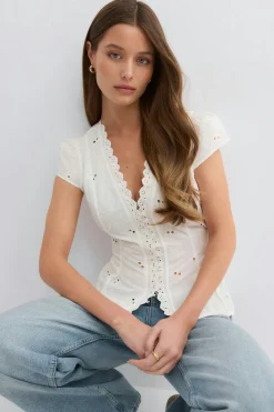 Gina Tricot Broderie angaie top Hvit Clearance