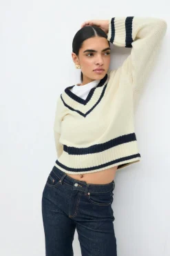 Gina Tricot Cotton bend knitted weater Hvit Discount