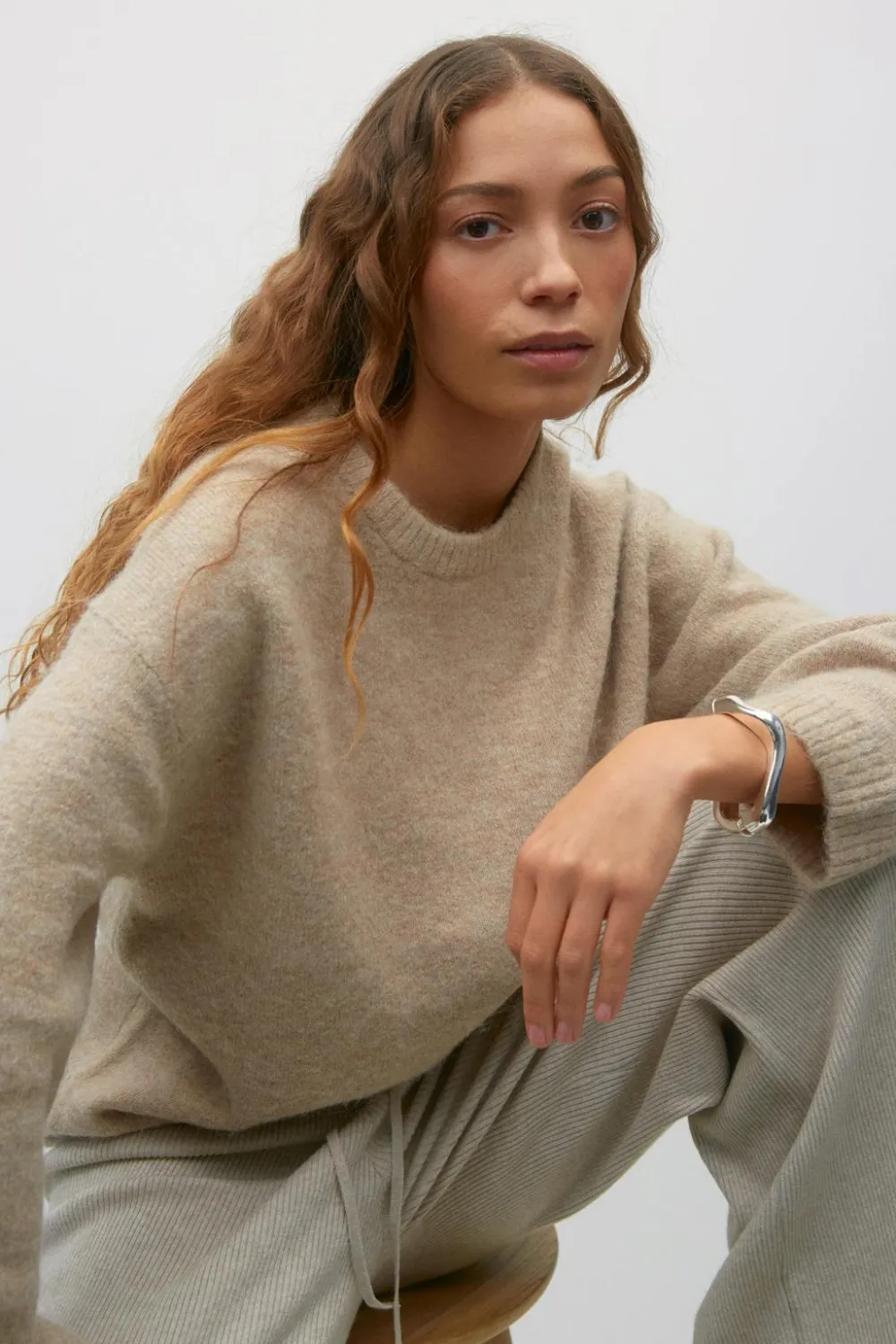 Gina Tricot Crew neck knitted weater Beige Discount