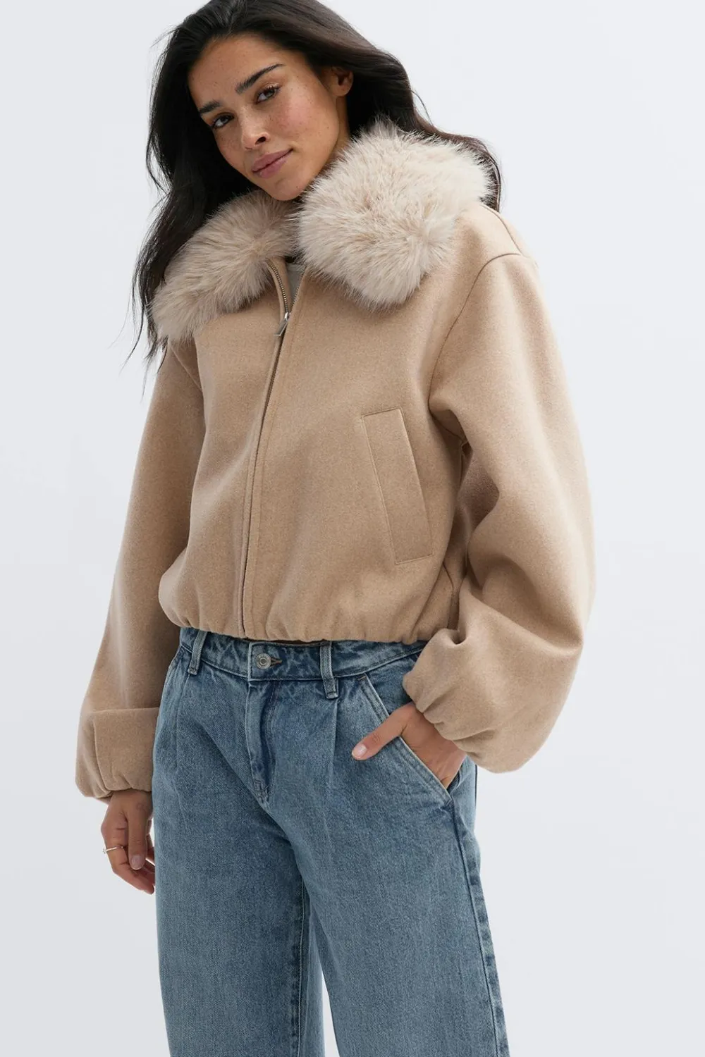 Gina Tricot Faux fur coar jacket Beige Clearance