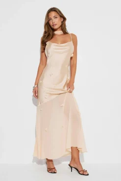 Gina Tricot Floral maxi cowlneck dress Beige Outlet
