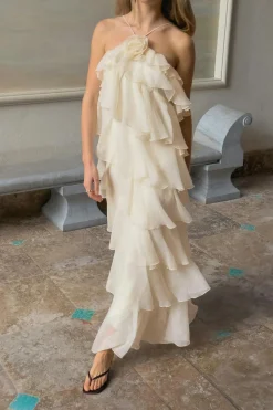 Gina Tricot Frill maxi dress Hvit Clearance