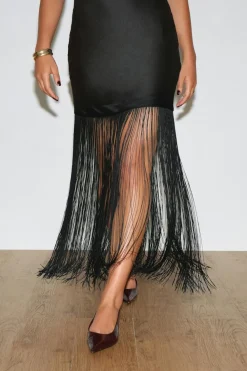 Gina Tricot Fringe satin maxi dress Svart Best