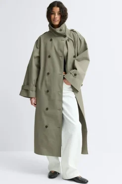 Gina Tricot High neck cotton trench coat Grønn