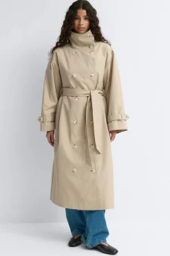 Gina Tricot High neck cotton trench coat Beige Clearance
