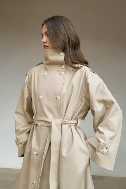 Gina Tricot High neck cotton trench coat Beige Clearance