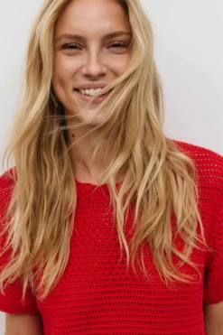 Gina Tricot Knitted crochet t-hirt dre Rød