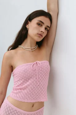Gina Tricot Knitted crochet tube top Rosa Clearance