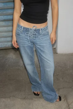 Gina Tricot Lacing jeans Blå Sale