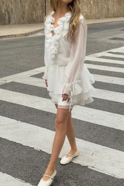 Gina Tricot Long sleeve frill mini dress Hvit New