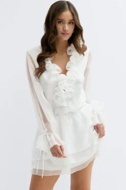 Gina Tricot Long sleeve frill mini dress Hvit New