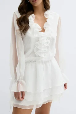 Gina Tricot Long sleeve frill mini dress Hvit New