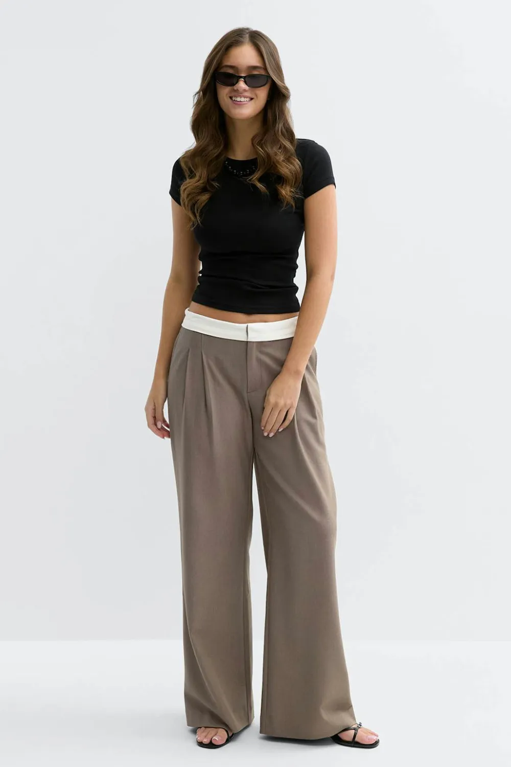 Gina Tricot Mid wide pleated trousers Brun Clearance