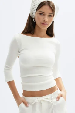 Gina Tricot Quarter eeve boatneck top Hvit Sale