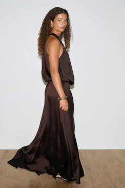 Gina Tricot Satin halterneck maxi dress Brun Sale