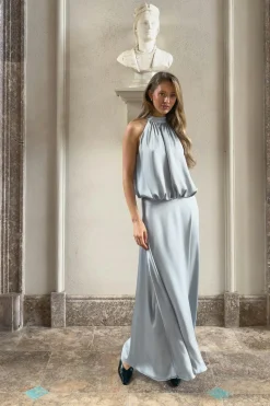 Gina Tricot Satin halterneck maxi dress Blå Outlet