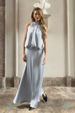 Gina Tricot Satin halterneck maxi dress Blå Outlet