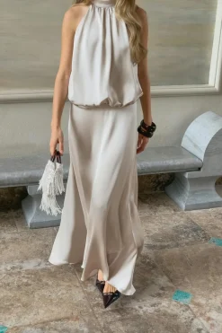 Gina Tricot Satin halterneck maxi dress Beige Discount