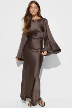 Gina Tricot Satin wide sleeve maxi dress Brun Outlet