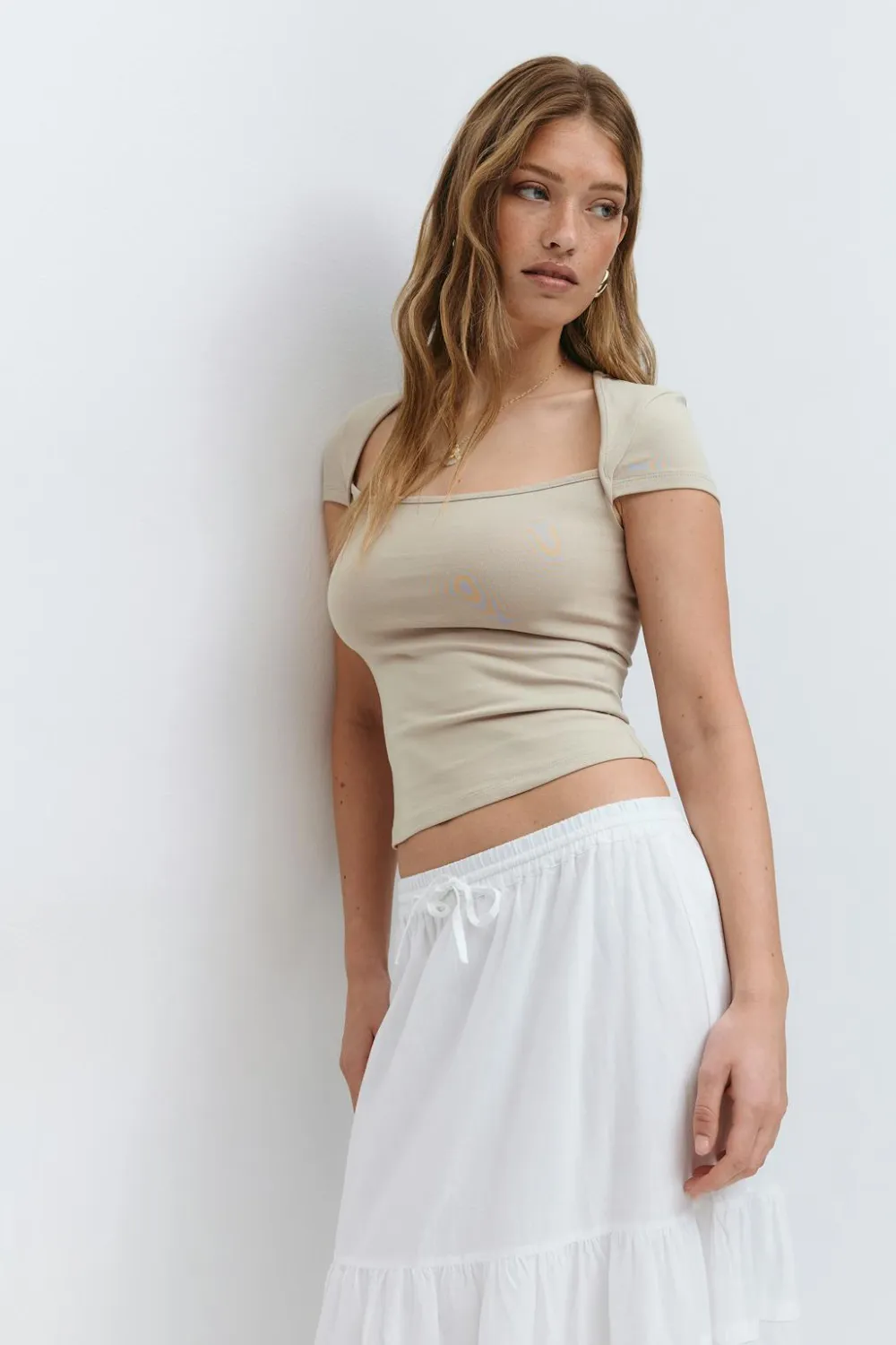 Gina Tricot quare neck top Beige Online