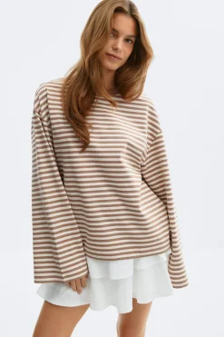Gina Tricot tripe ong eeve tee Beige Clearance