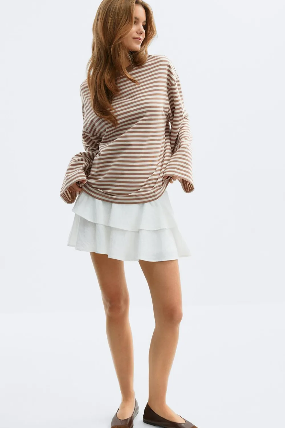 Gina Tricot tripe ong eeve tee Beige Clearance
