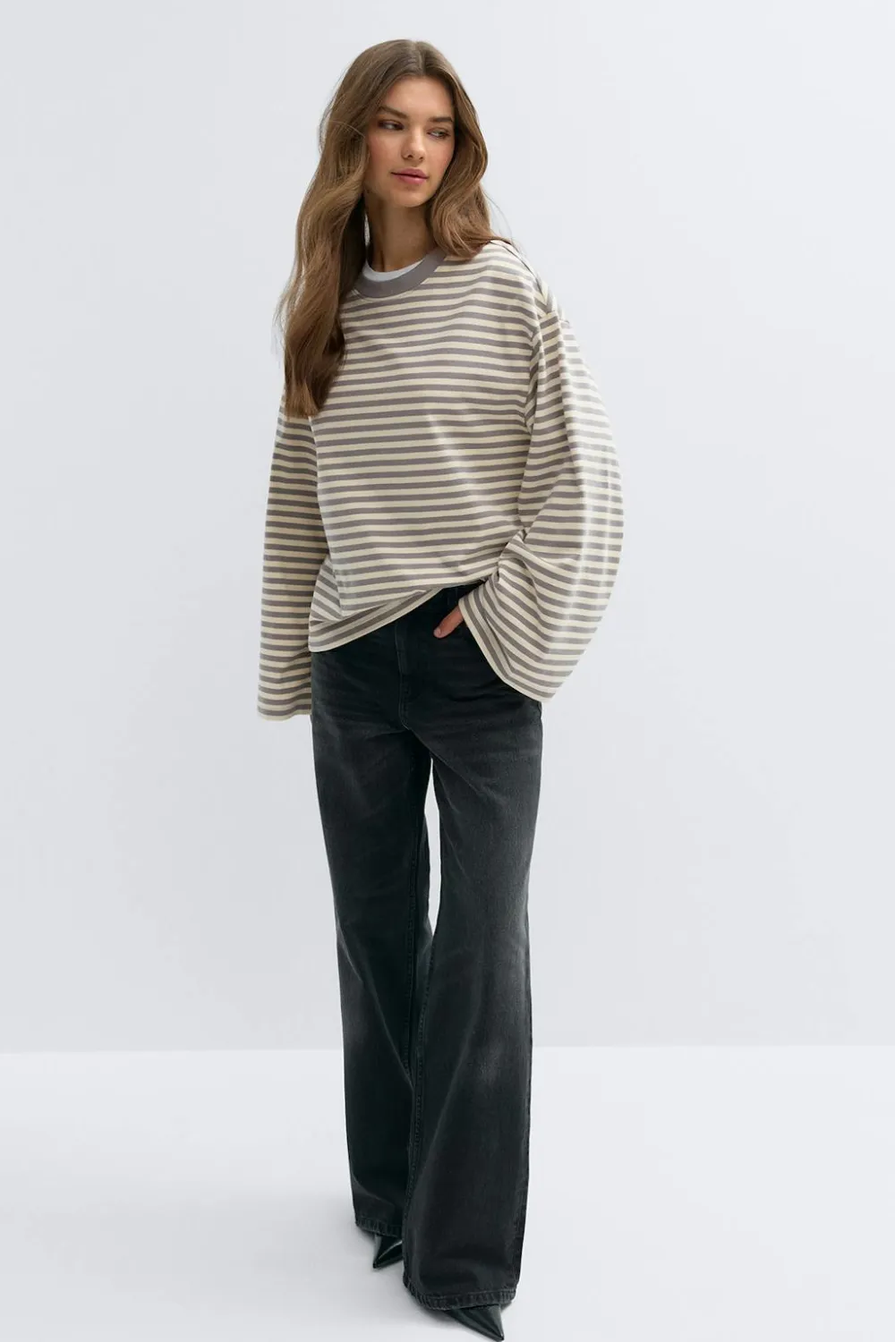 Gina Tricot tripe ong eeve tee Grå Sale