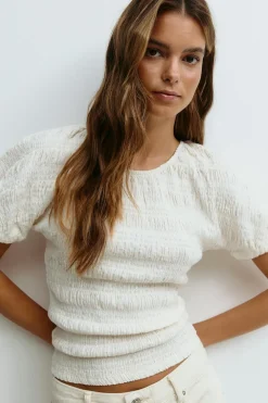Gina Tricot Textured puff eeve top Hvit New