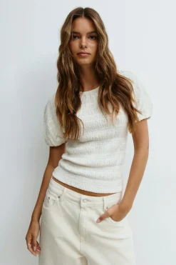 Gina Tricot Textured puff eeve top Hvit New