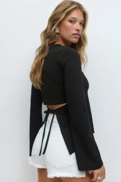 Gina Tricot Tie back ong eeve top Svart Outlet