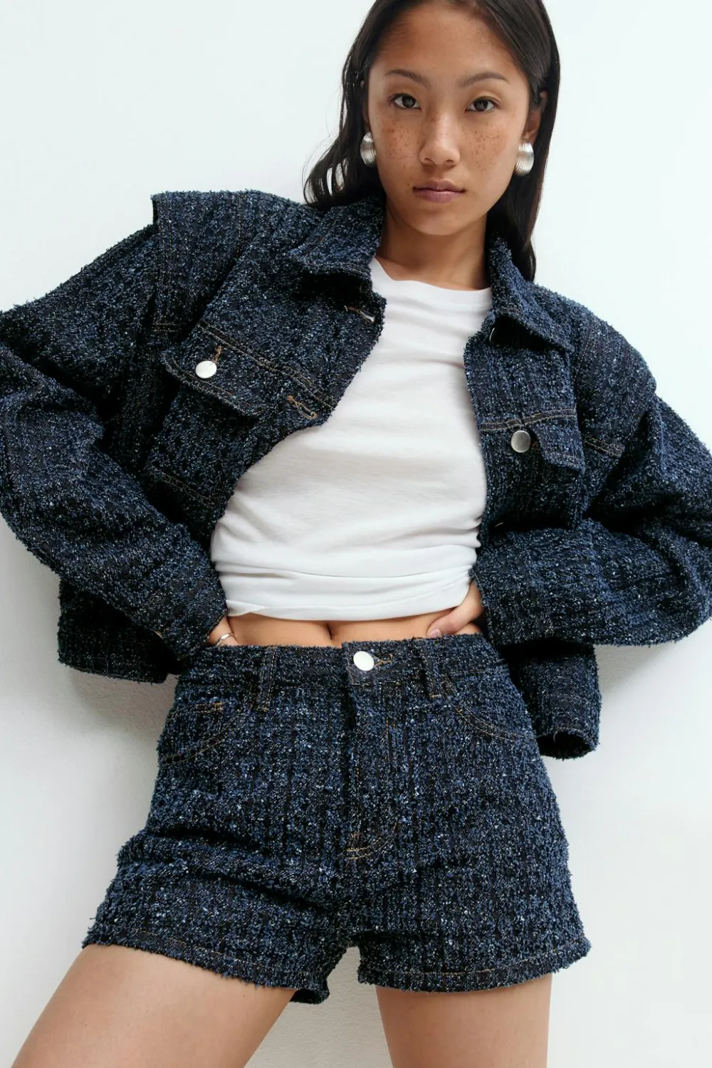 Gina Tricot Tweed denim shorts Blå Online