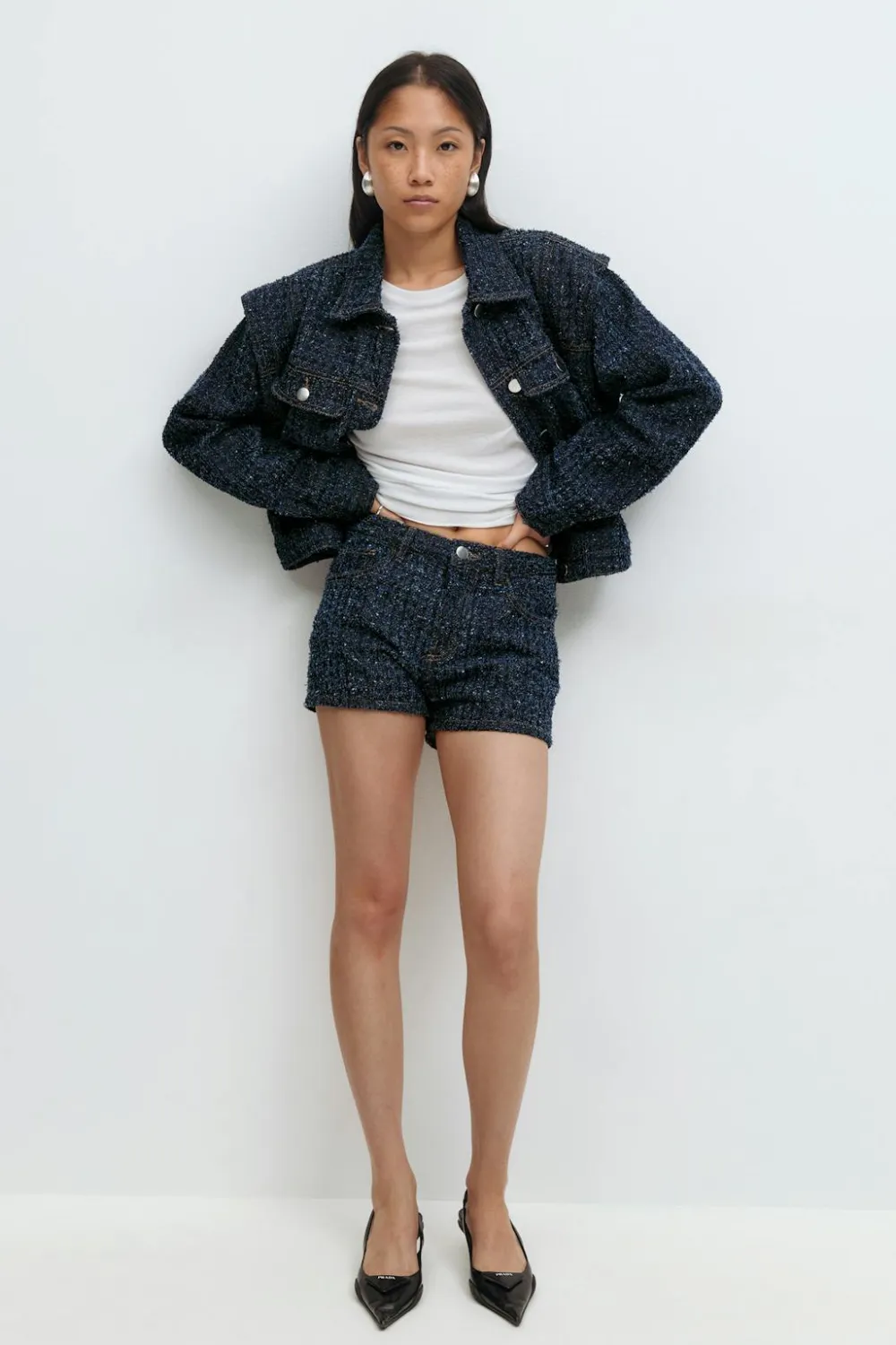 Gina Tricot Tweed denim shorts Blå Online
