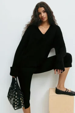 Gina Tricot V-neck knitted weater Svart Clearance