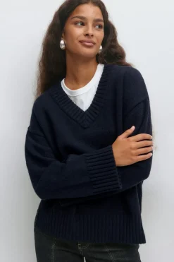 Gina Tricot V-neck knitted weater Blå Online