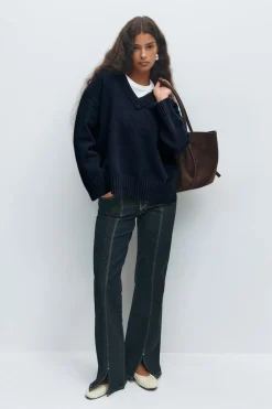 Gina Tricot V-neck knitted weater Blå Online