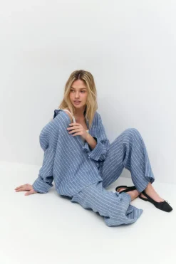 Gina Tricot Wide linen trousers Blå Discount