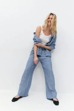 Gina Tricot Wide linen trousers Blå Discount