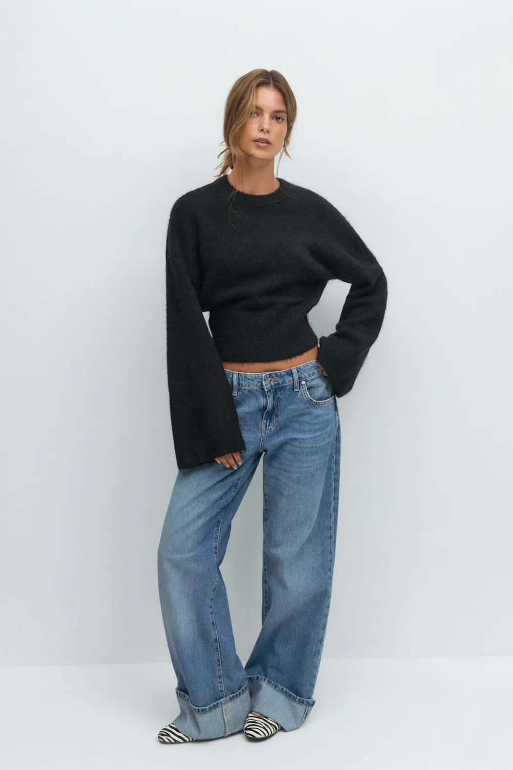 Gina Tricot Wide eeve knitted weater Blå New