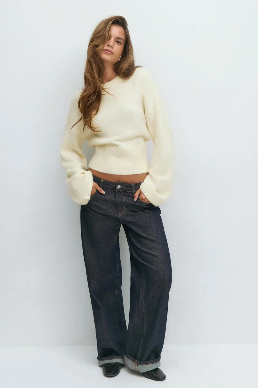 Gina Tricot Wide eeve knitted weater Hvit