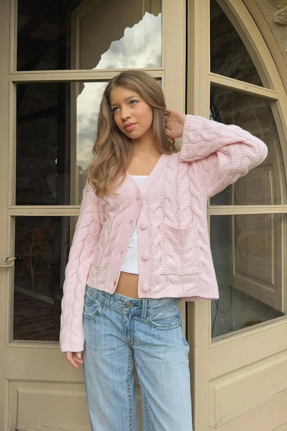 Gina Tricot Y cable knitted cardigan Rosa Online