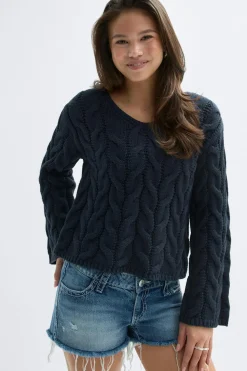Gina Tricot Y cable knitted sweater Blå New