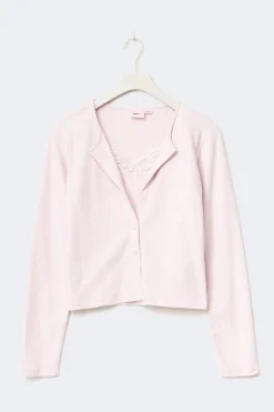 Gina Tricot Y 2 in 1 lace rib cardigan Rosa New